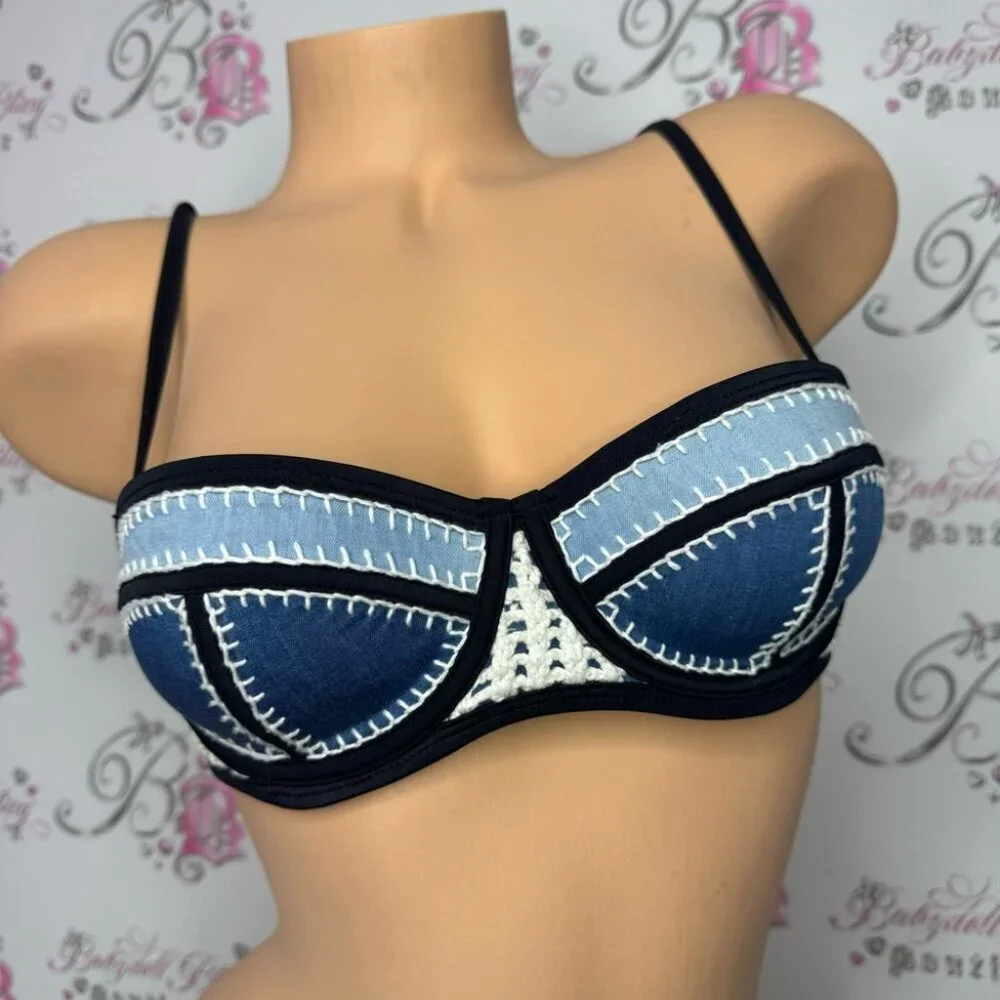 Triangl swimwear top bikini denim jean crochet blue navy cream snap back closure